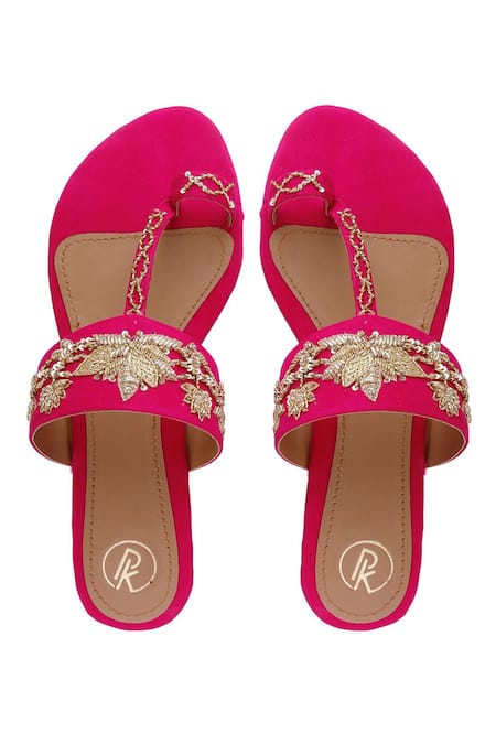 Shop Preet Kaur Pink Kamal Embellished Kolhapuri Flats at Aza Fashions Shop_Preet Kaur_Pink Kamal Embellished Kolhapuri Flats _at_Aza_Fashions