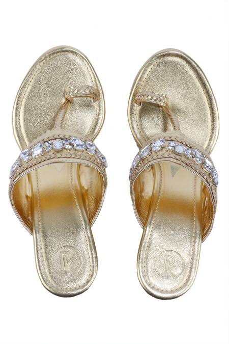 Shop Preet Kaur Gold Crystals Embroidered Kolhapuri Wedges at Aza Fashions Shop_Preet Kaur_Gold Crystals Embroidered Kolhapuri Wedges _at_Aza_Fashions