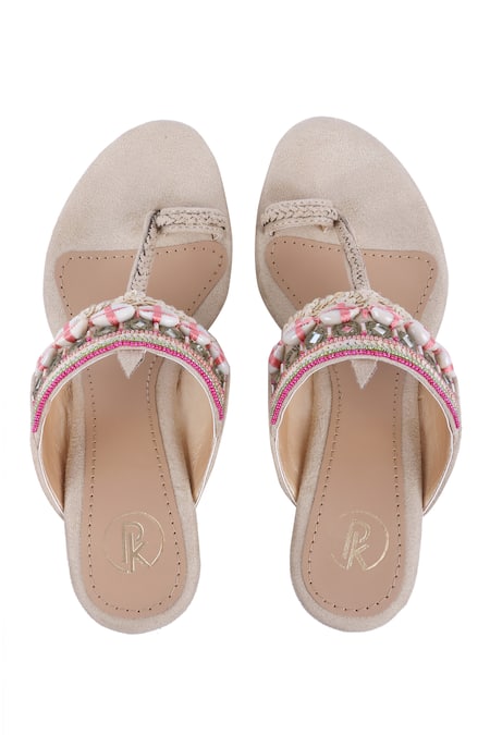 Shop Preet Kaur Beige Embroidery, Beads Embellished Kolhapuri Wedges at Aza Fashions Shop_Preet Kaur_Beige Embroidery, Beads Embellished Kolhapuri Wedges _at_Aza_Fashions