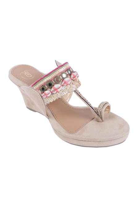 Preet Kaur Beige Embroidery, Beads Embellished Kolhapuri Wedges 