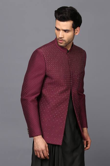 Seven_Black Cotton Silk Draped Kurta And Embroidered Bandhgala Set_Online_at_Aza_Fashions