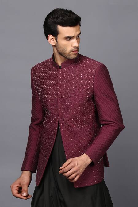 Shop_Seven_Black Cotton Silk Draped Kurta And Embroidered Bandhgala Set_Online_at_Aza_Fashions