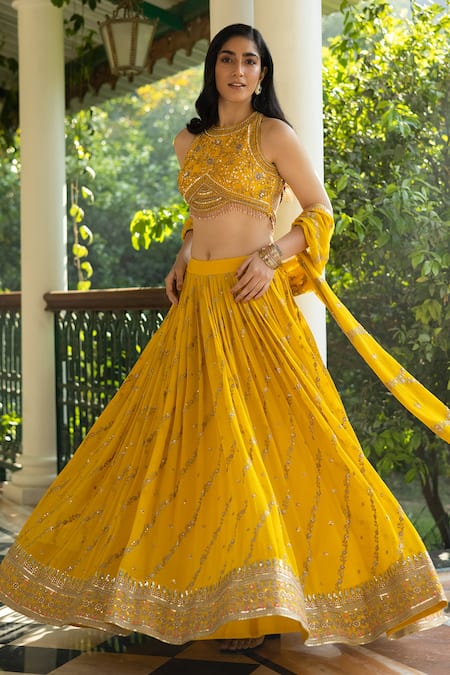 APNISHA Yellow Embellished Semi Stitched Lehenga Choli Set