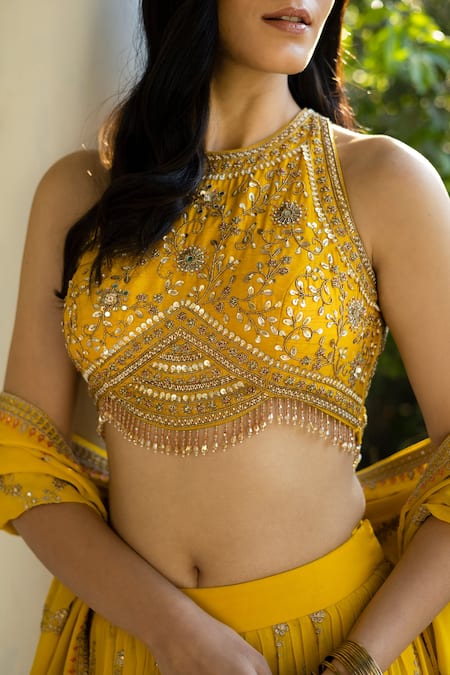 Shop Basanti - Kapde Aur Koffee Yellow Blouse Net, Lehenga And Dupatta Georgette Mirror, Embroidered Set Online at Aza Fashions Shop_Basanti - Kapde Aur Koffee_Yellow Blouse Net, Lehenga And Dupatta Georgette Mirror, Embroidered Set _Online_at_Aza_Fashions