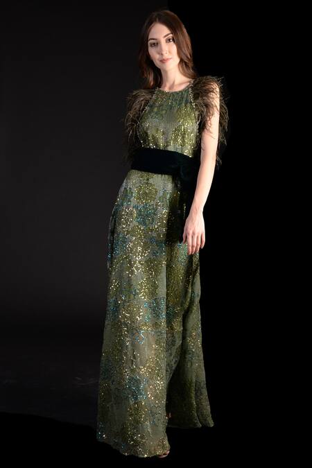 Buy_Not So Serious By Pallavi Mohan_Green Embroidered Gown_Online_at_Aza_Fashions
