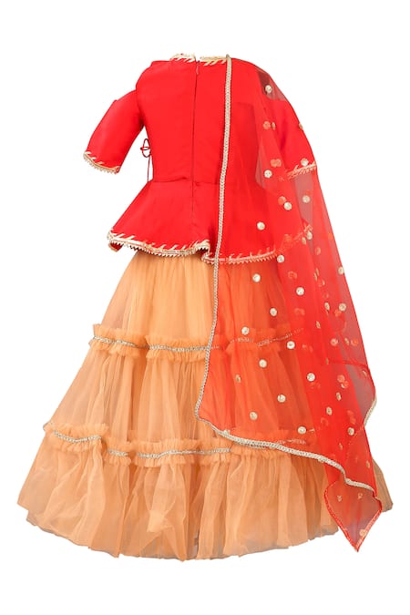 Shop_Pwn_Red Net, Taffeta Gota Patti Frill Lehenga Set _at_Aza_Fashions