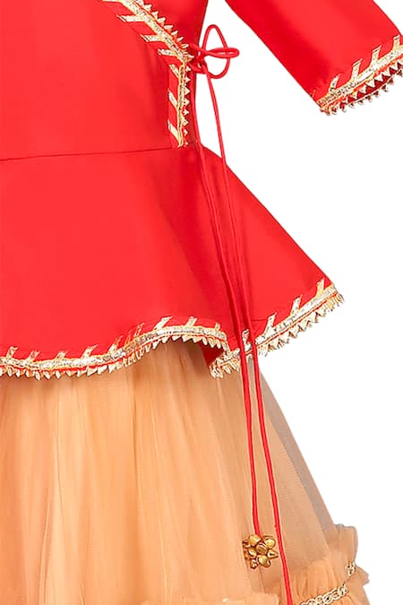 Pwn_Red Net, Taffeta Gota Patti Frill Lehenga Set _Online_at_Aza_Fashions