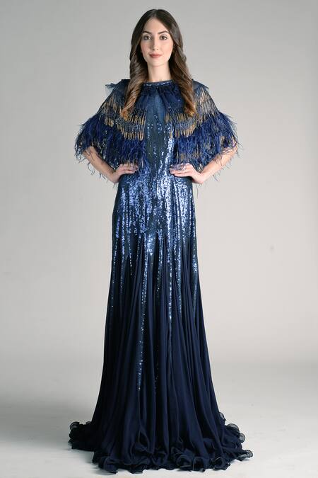 Buy Not So Serious By Pallavi Mohan Blue Viscose Embelished Cape Gown Online at Aza Fashions Buy_Not So Serious By Pallavi Mohan_Blue Viscose Embelished Cape Gown_Online_at_Aza_Fashions