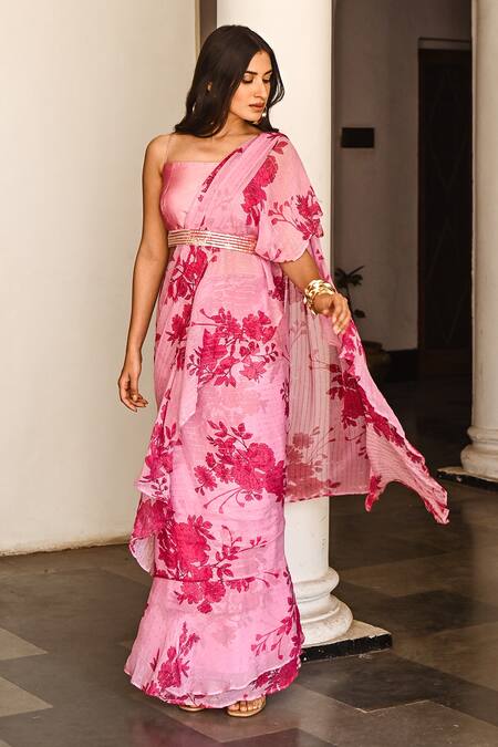 Buy_Palak & Mehak_Pink Chanderi, Georgette Floral Square Neck Pre-draped Ruffle Saree Set _Online_at_Aza_Fashions