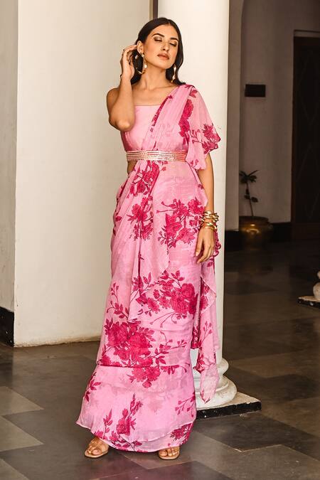Shop_Palak & Mehak_Pink Chanderi, Georgette Floral Square Neck Pre-draped Ruffle Saree Set _Online_at_Aza_Fashions