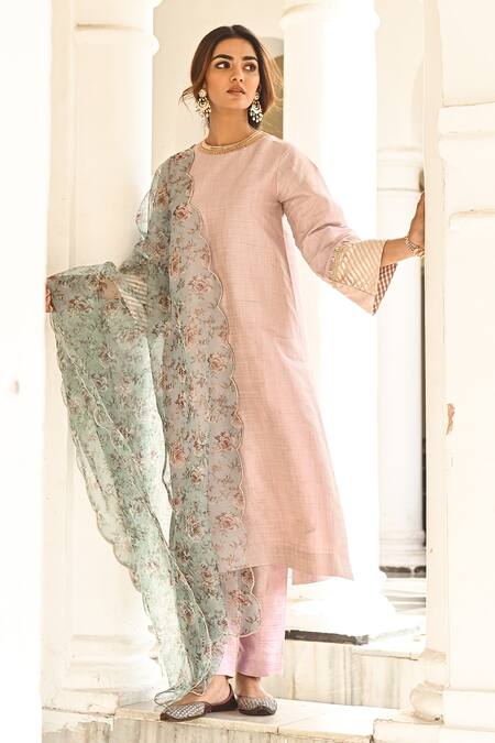 Palak & Mehak_Purple Organza, Dupion Silk Floral High Neck Placement Embroidered Kurta Set _Online_at_Aza_Fashions