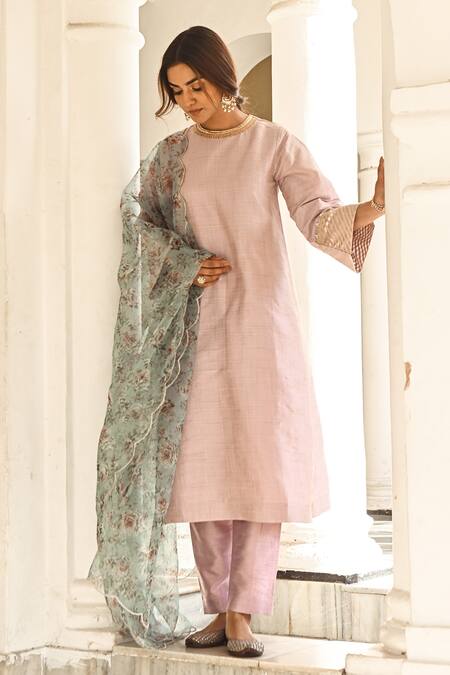 Shop_Palak & Mehak_Purple Organza, Dupion Silk Floral High Neck Placement Embroidered Kurta Set _Online_at_Aza_Fashions