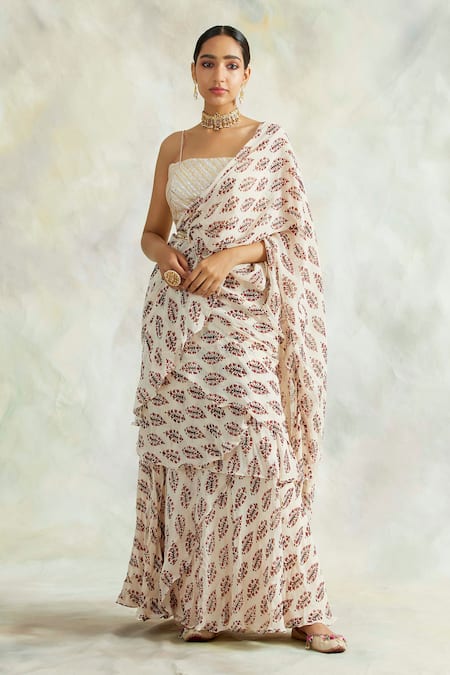 Palak & Mehak_White Saree Georgette Blouse Chanderi Floral Motifs, Gota Pre-draped With _Online_at_Aza_Fashions