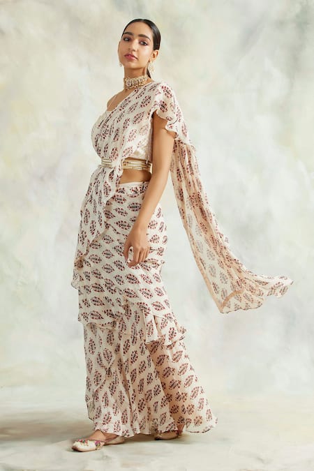 Shop_Palak & Mehak_White Saree Georgette Blouse Chanderi Floral Motifs, Gota Pre-draped With _at_Aza_Fashions