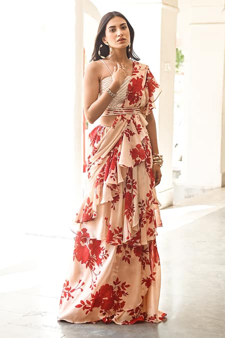 Palak & Mehak_Beige Chanderi, Georgette Chevron Square Neck Pre-draped Ruffle Saree Set _Online_at_Aza_Fashions