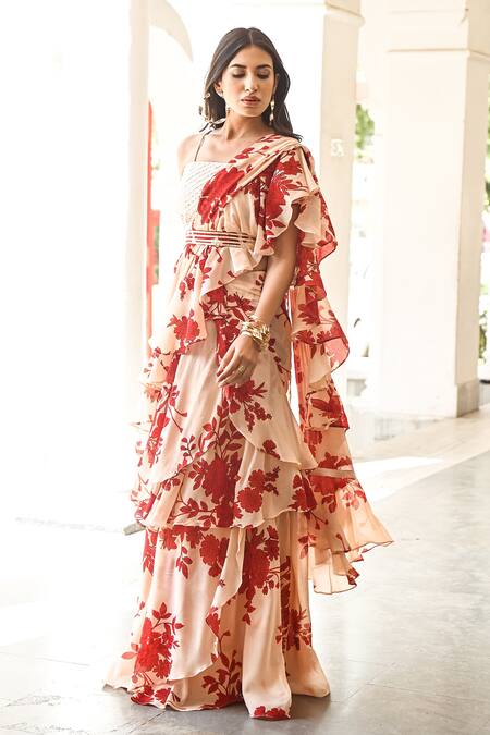 Buy_Palak & Mehak_Beige Chanderi, Georgette Chevron Square Neck Pre-draped Ruffle Saree Set _Online_at_Aza_Fashions