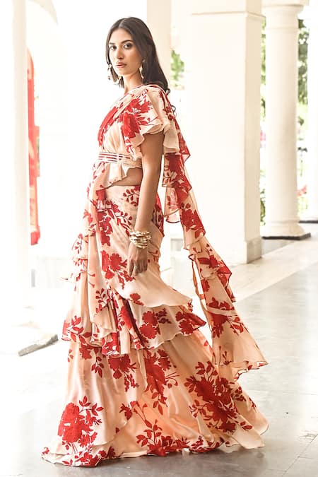 Palak & Mehak_Beige Chanderi, Georgette Chevron Square Neck Pre-draped Ruffle Saree Set _at_Aza_Fashions