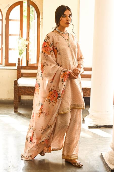 Palak & Mehak Peach Net, Crepe Block Print Boat Neck Placement Embroidered Kurta Set Online at Aza Fashions Palak & Mehak_Peach Net, Crepe Block Print Boat Neck Placement Embroidered Kurta Set _Online_at_Aza_Fashions