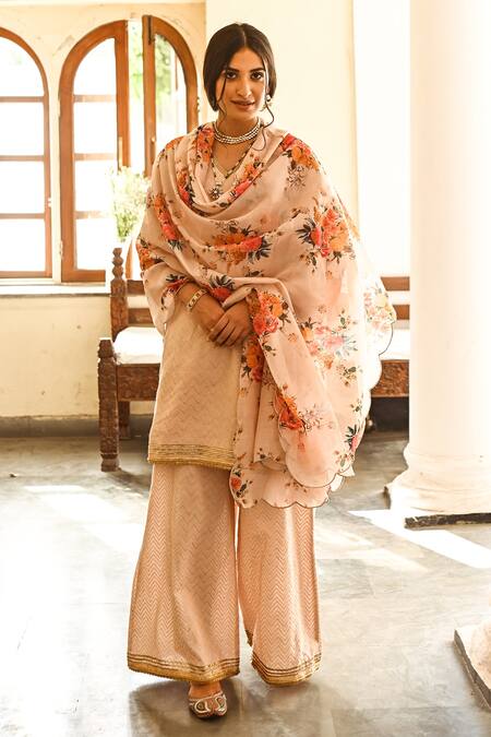 Buy Palak & Mehak Peach Net, Crepe Block Print Boat Neck Placement Embroidered Kurta Set Online at Aza Fashions Buy_Palak & Mehak_Peach Net, Crepe Block Print Boat Neck Placement Embroidered Kurta Set _Online_at_Aza_Fashions