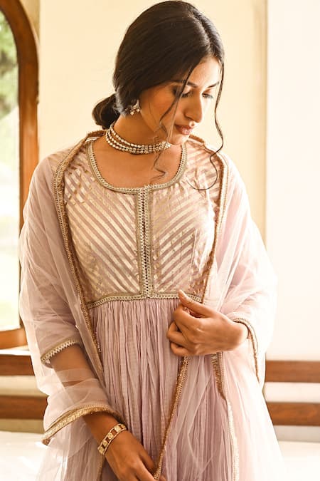 Shop Palak & Mehak Purple Cotton, Net Gota Patti Round Embroidered Anarkali With Dupatta Online at Aza Fashions Shop_Palak & Mehak_Purple Cotton, Net Gota Patti Round Embroidered Anarkali With Dupatta _Online_at_Aza_Fashions