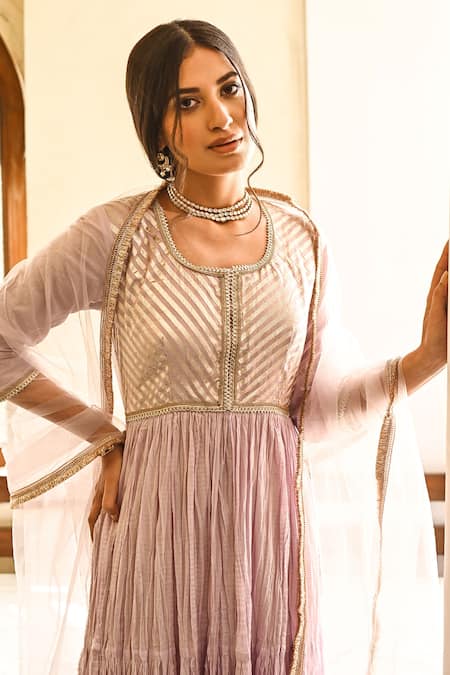 Palak & Mehak Purple Cotton, Net Gota Patti Round Embroidered Anarkali With Dupatta at Aza Fashions Palak & Mehak_Purple Cotton, Net Gota Patti Round Embroidered Anarkali With Dupatta _at_Aza_Fashions