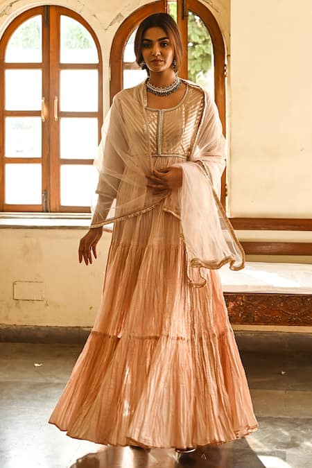 Palak & Mehak Peach Cotton, Net Gota Patti Round Embroidered Anarkali With Dupatta 
