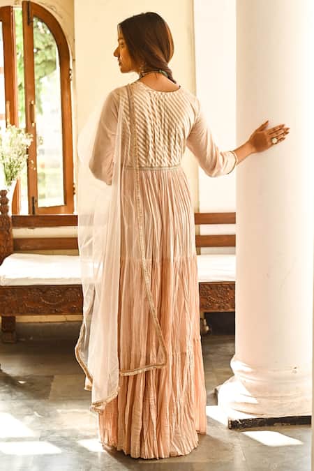 Shop Palak & Mehak Peach Cotton, Net Gota Patti Round Embroidered Anarkali With Dupatta at Aza Fashions Shop_Palak & Mehak_Peach Cotton, Net Gota Patti Round Embroidered Anarkali With Dupatta _at_Aza_Fashions