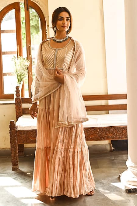 Palak & Mehak Peach Cotton, Net Gota Patti Round Embroidered Anarkali With Dupatta Online at Aza Fashions Palak & Mehak_Peach Cotton, Net Gota Patti Round Embroidered Anarkali With Dupatta _Online_at_Aza_Fashions