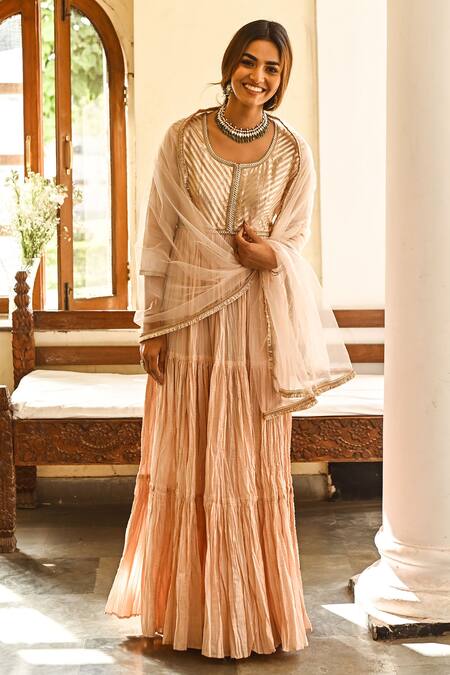 Buy Palak & Mehak Peach Cotton, Net Gota Patti Round Embroidered Anarkali With Dupatta Online at Aza Fashions Buy_Palak & Mehak_Peach Cotton, Net Gota Patti Round Embroidered Anarkali With Dupatta _Online_at_Aza_Fashions