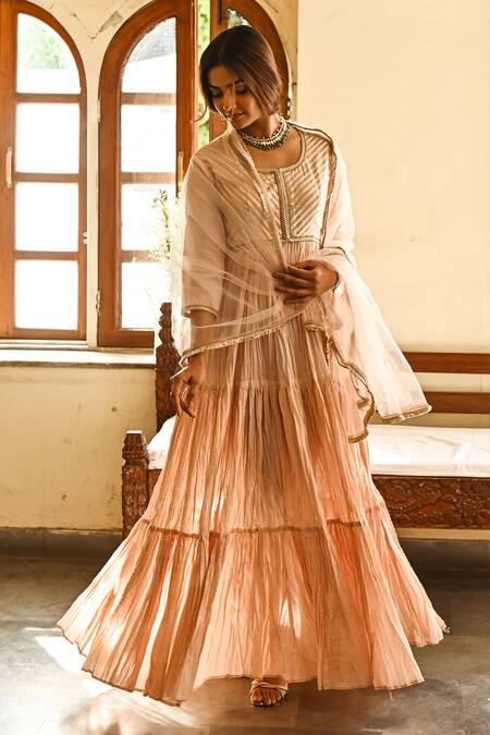 Shop Palak & Mehak Peach Cotton, Net Gota Patti Round Embroidered Anarkali With Dupatta Online at Aza Fashions Shop_Palak & Mehak_Peach Cotton, Net Gota Patti Round Embroidered Anarkali With Dupatta _Online_at_Aza_Fashions