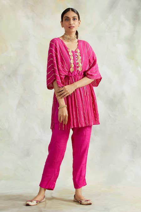 Palak & Mehak_Pink Kaftan Rayon Crepe Pant  Lining Embroidered Top And Set _Online_at_Aza_Fashions