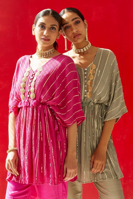 Buy_Palak & Mehak_Pink Kaftan Rayon Crepe Pant  Lining Embroidered Top And Set _Online_at_Aza_Fashions