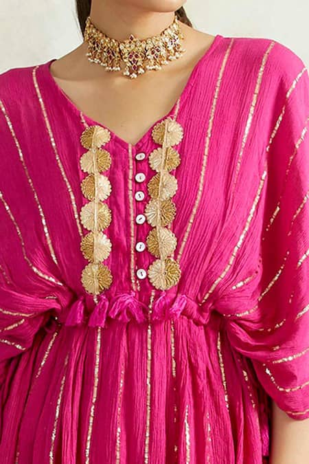 Palak & Mehak_Pink Kaftan Rayon Crepe Pant  Lining Embroidered Top And Set _at_Aza_Fashions