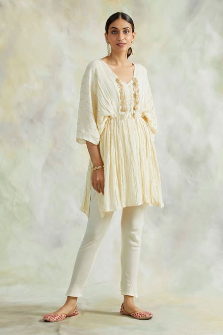 Palak & Mehak_Beige Kaftan Rayon Crepe, Lining Cotton Mulmul, Pant Embroidered Top And Set _Online_at_Aza_Fashions