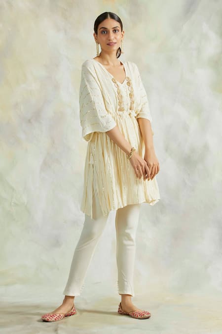 Buy_Palak & Mehak_Beige Kaftan Rayon Crepe, Lining Cotton Mulmul, Pant Embroidered Top And Set _Online_at_Aza_Fashions