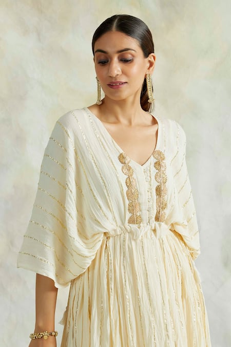 Palak & Mehak_Beige Kaftan Rayon Crepe, Lining Cotton Mulmul, Pant Embroidered Top And Set _at_Aza_Fashions