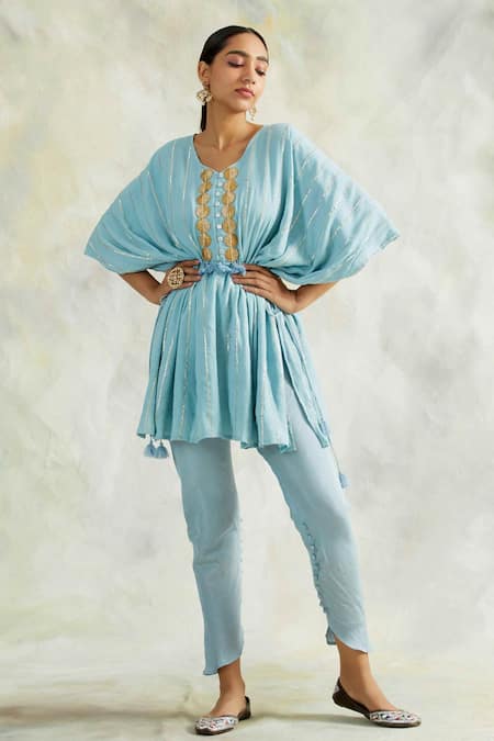 Palak & Mehak Blue Kaftan Rayon Crepe Embroidered Thread Work V Neck Top And Pant Set 