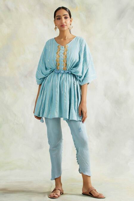 Palak & Mehak_Blue Kaftan Rayon Crepe, Lining Cotton Mulmul, Pant Embroidered Top And Set _Online_at_Aza_Fashions
