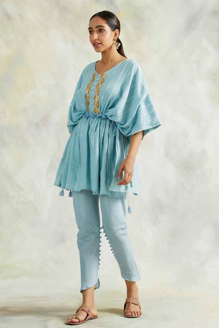 Buy_Palak & Mehak_Blue Kaftan Rayon Crepe, Lining Cotton Mulmul, Pant Embroidered Top And Set _Online_at_Aza_Fashions