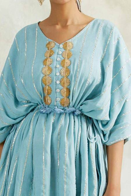 Shop_Palak & Mehak_Blue Kaftan Rayon Crepe, Lining Cotton Mulmul, Pant Embroidered Top And Set _Online_at_Aza_Fashions