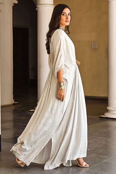 Buy_Palak & Mehak_Grey Rayon Crepe Gota Patti V Neck Embroidered Kaftan Dress _Online_at_Aza_Fashions