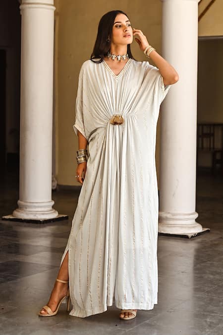 Shop_Palak & Mehak_Grey Rayon Crepe Gota Patti V Neck Embroidered Kaftan Dress _Online_at_Aza_Fashions