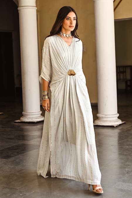 Palak & Mehak_Grey Rayon Crepe Gota Patti V Neck Embroidered Kaftan Dress _at_Aza_Fashions