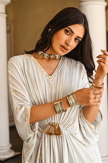 Buy_Palak & Mehak_Grey Rayon Crepe Gota Patti V Neck Embroidered Kaftan Dress 