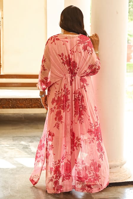 Shop_Palak & Mehak_Pink Rayon Crepe Floral, Gota Patti V Neck Print Kaftan Dress _at_Aza_Fashions
