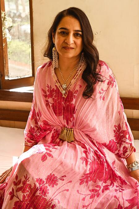 Buy_Palak & Mehak_Pink Rayon Crepe Floral, Gota Patti V Neck Print Kaftan Dress _Online_at_Aza_Fashions