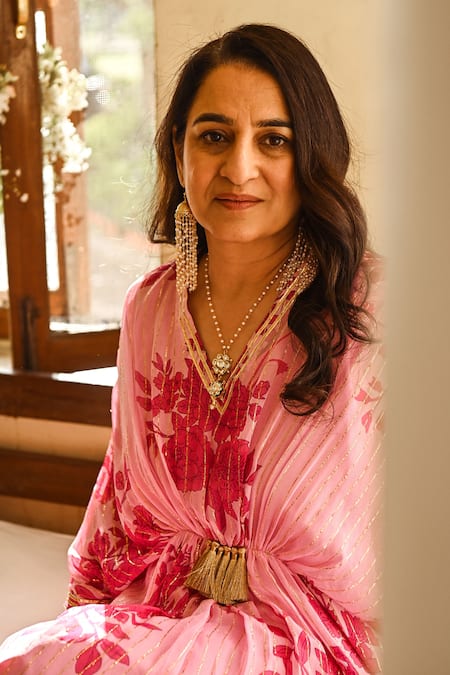 Shop_Palak & Mehak_Pink Rayon Crepe Floral, Gota Patti V Neck Print Kaftan Dress _Online_at_Aza_Fashions