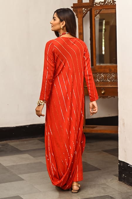 Shop Palak & Mehak Red Rayon Crepe Gota Patti Round Embroidered Cowl Tunic And Pant Set at Aza Fashions Shop_Palak & Mehak_Red Rayon Crepe Gota Patti Round Embroidered Cowl Tunic And Pant Set _at_Aza_Fashions