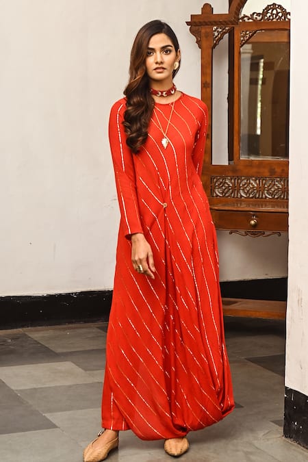 Palak & Mehak Red Rayon Crepe Gota Patti Round Embroidered Cowl Tunic And Pant Set Online at Aza Fashions Palak & Mehak_Red Rayon Crepe Gota Patti Round Embroidered Cowl Tunic And Pant Set _Online_at_Aza_Fashions