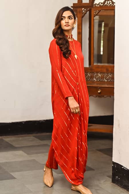 Buy Palak & Mehak Red Rayon Crepe Gota Patti Round Embroidered Cowl Tunic And Pant Set Online at Aza Fashions Buy_Palak & Mehak_Red Rayon Crepe Gota Patti Round Embroidered Cowl Tunic And Pant Set _Online_at_Aza_Fashions